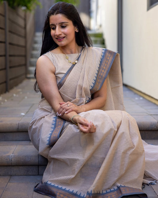 Korvai kanchi cotton contrast temple border sarees