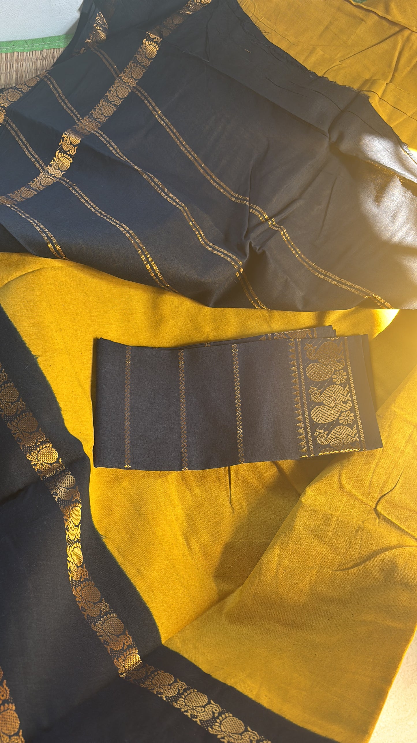 Tarangini Sungudi cotton retta petta saree with contrast Pallu and borders mustard and black