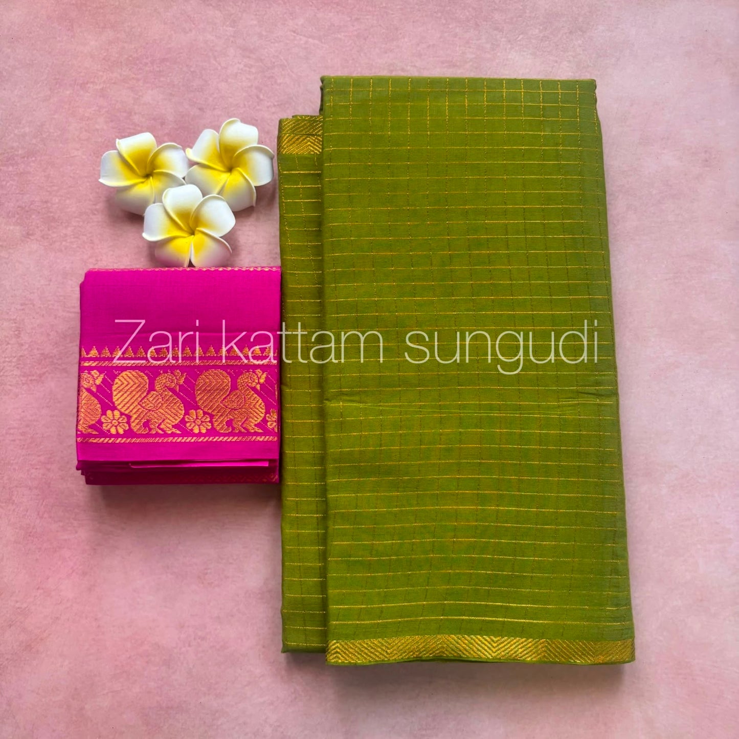 Handloom Sungudi Cotton Pentex border Sarees green with pink vintage combo