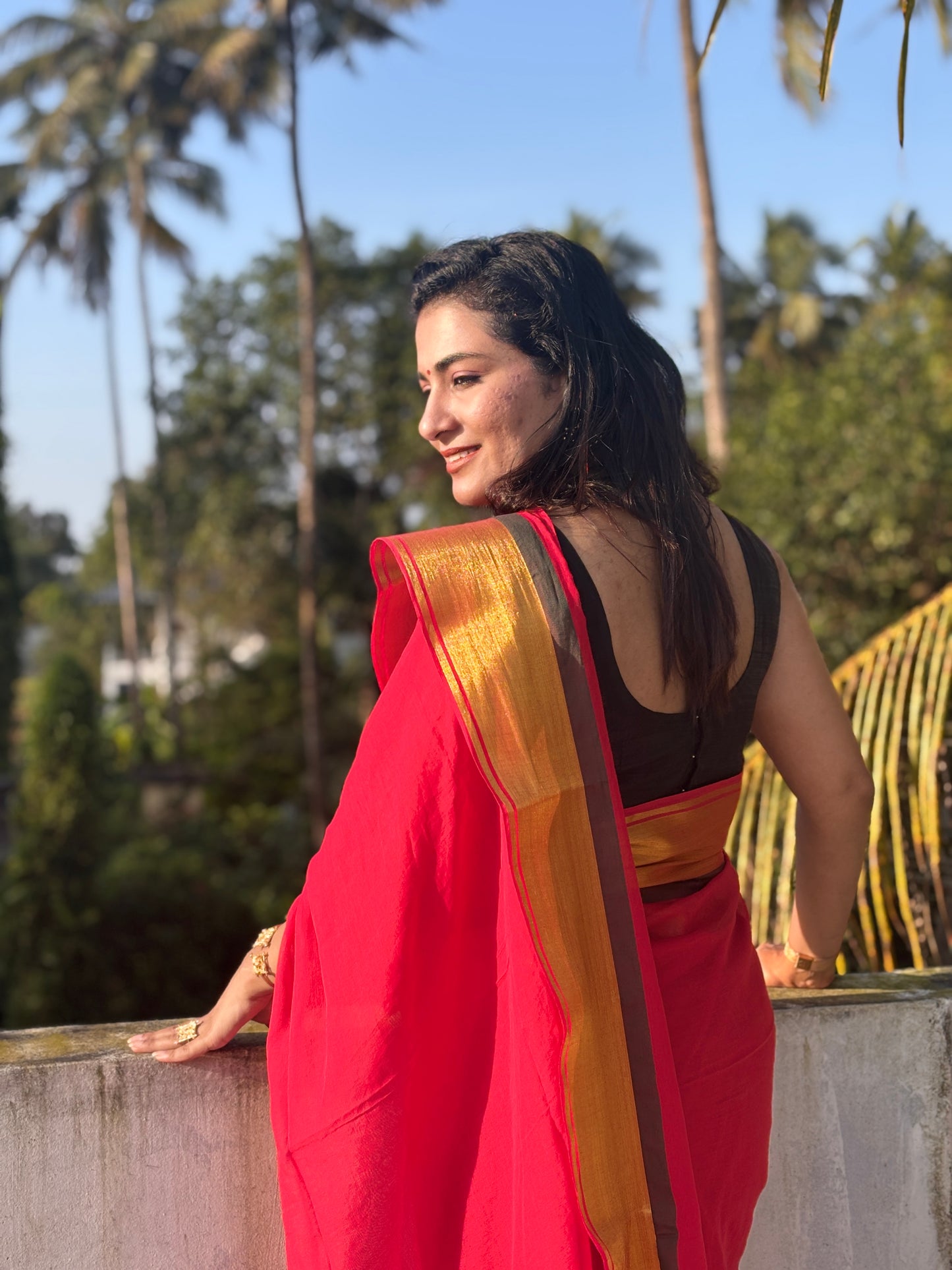 Festive red with green border handloom mal saree