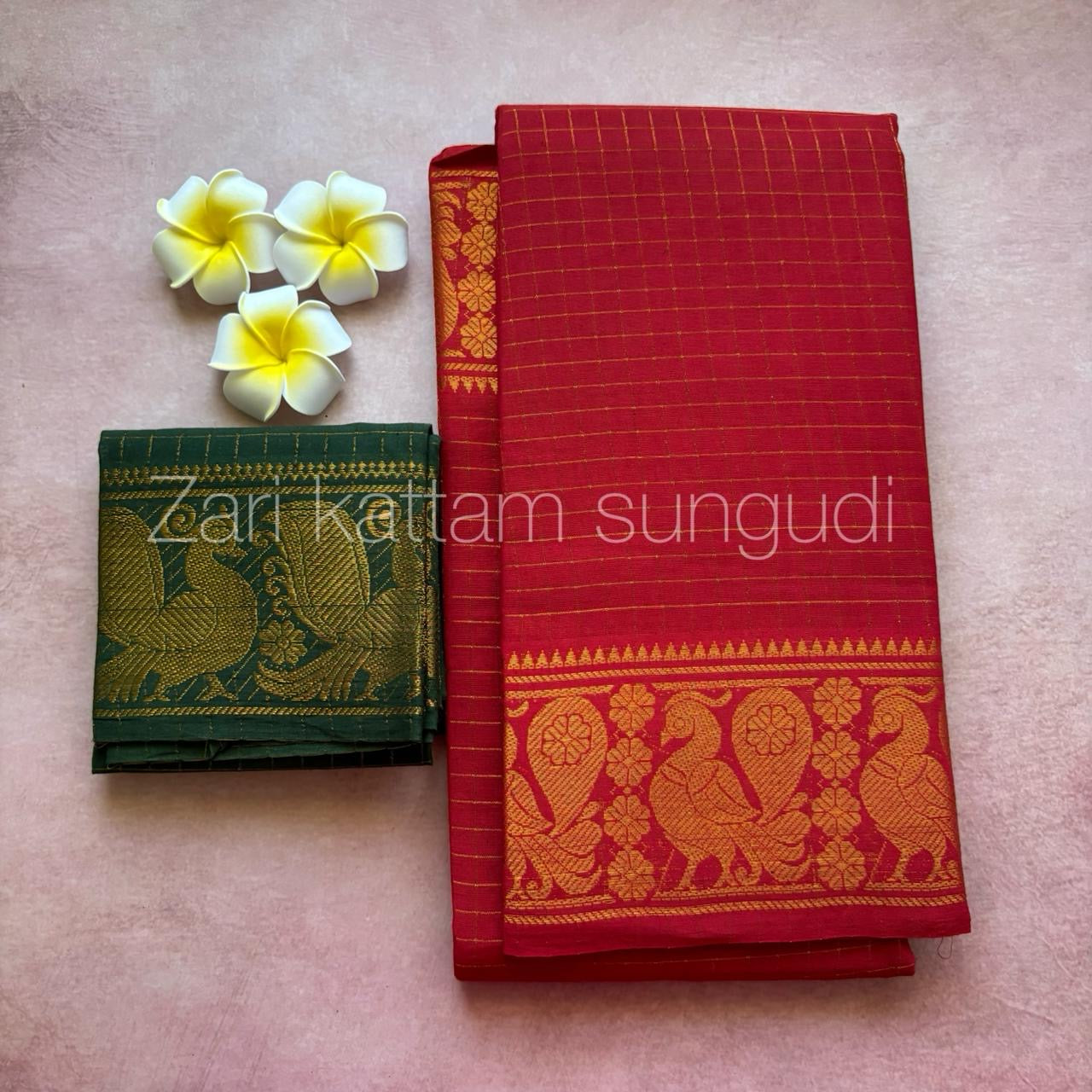 Tarangini Red Zari kattam sungudi cotton saree with zari kattam bottle green blouse piece