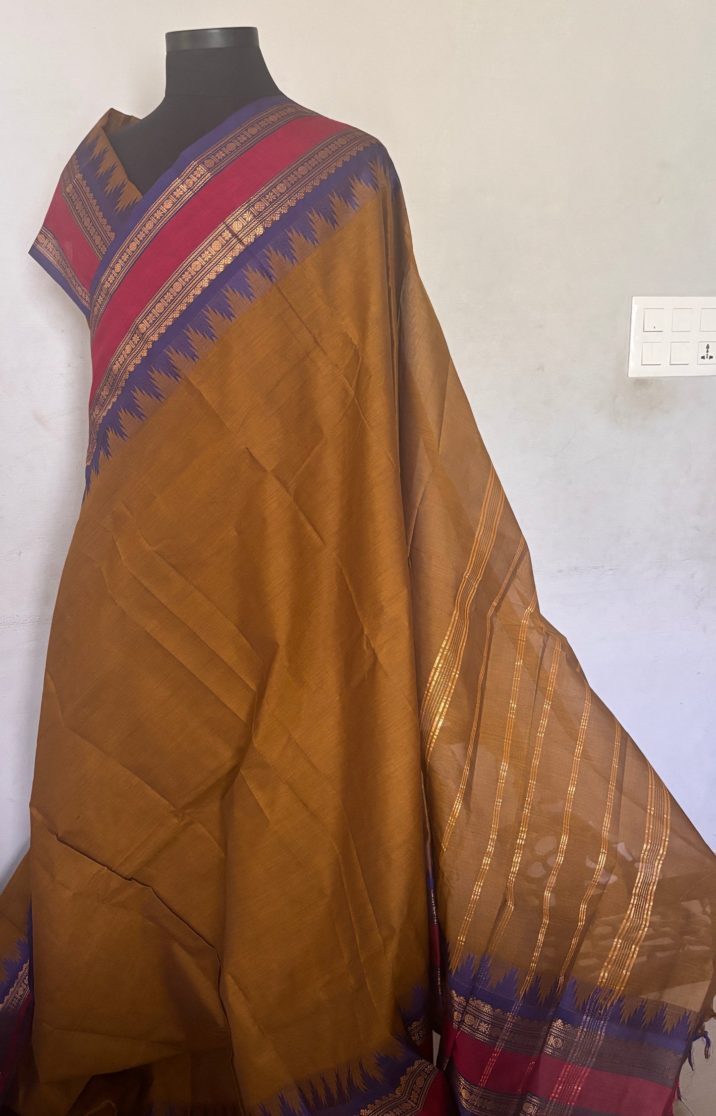 Sangita Chettinad kanchi cotton rustic shade with temple border Saree