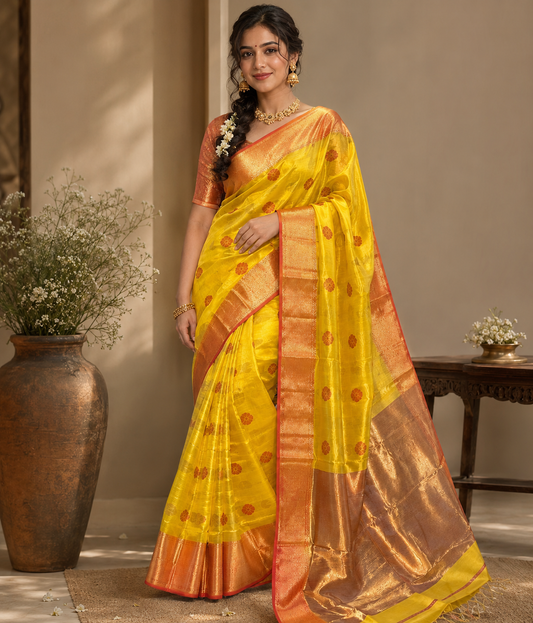 Festive yellow Maheshwari handloom tissue floral butta Saree