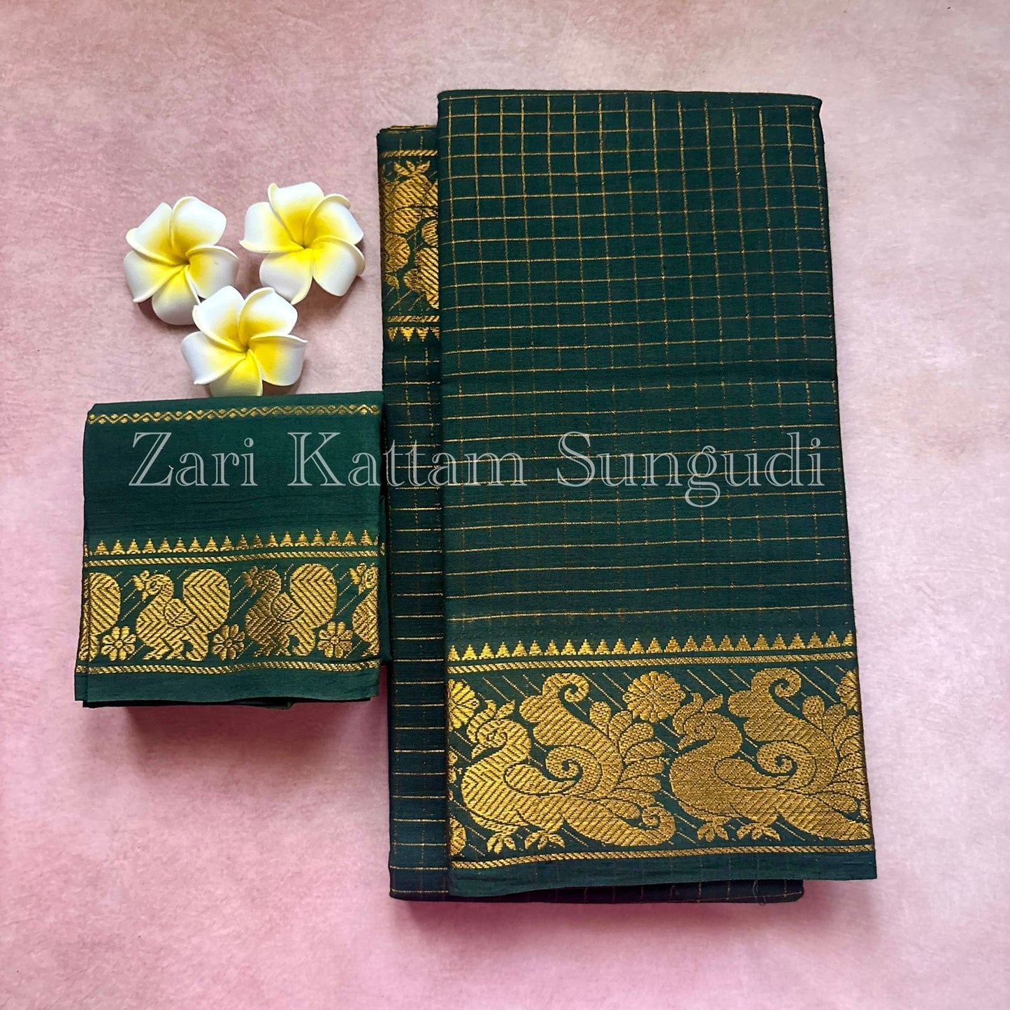 Bottle green zari kattam sungudi cotton Saree with blouse piece