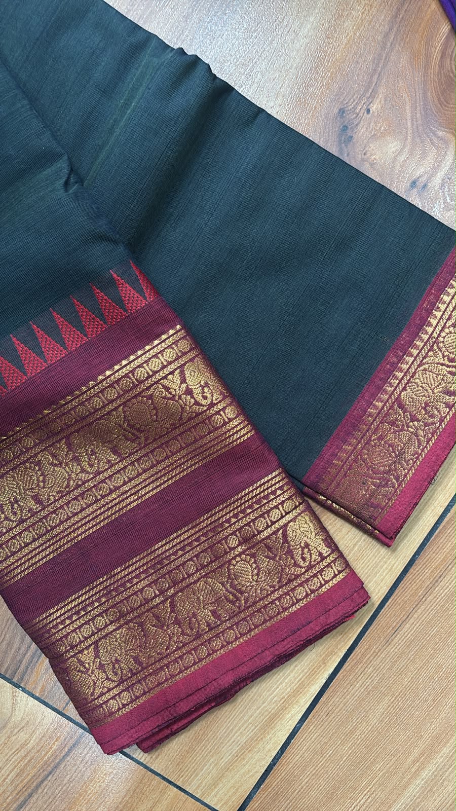 Dark green kanchi cotton dual border saree with blouse SGS46