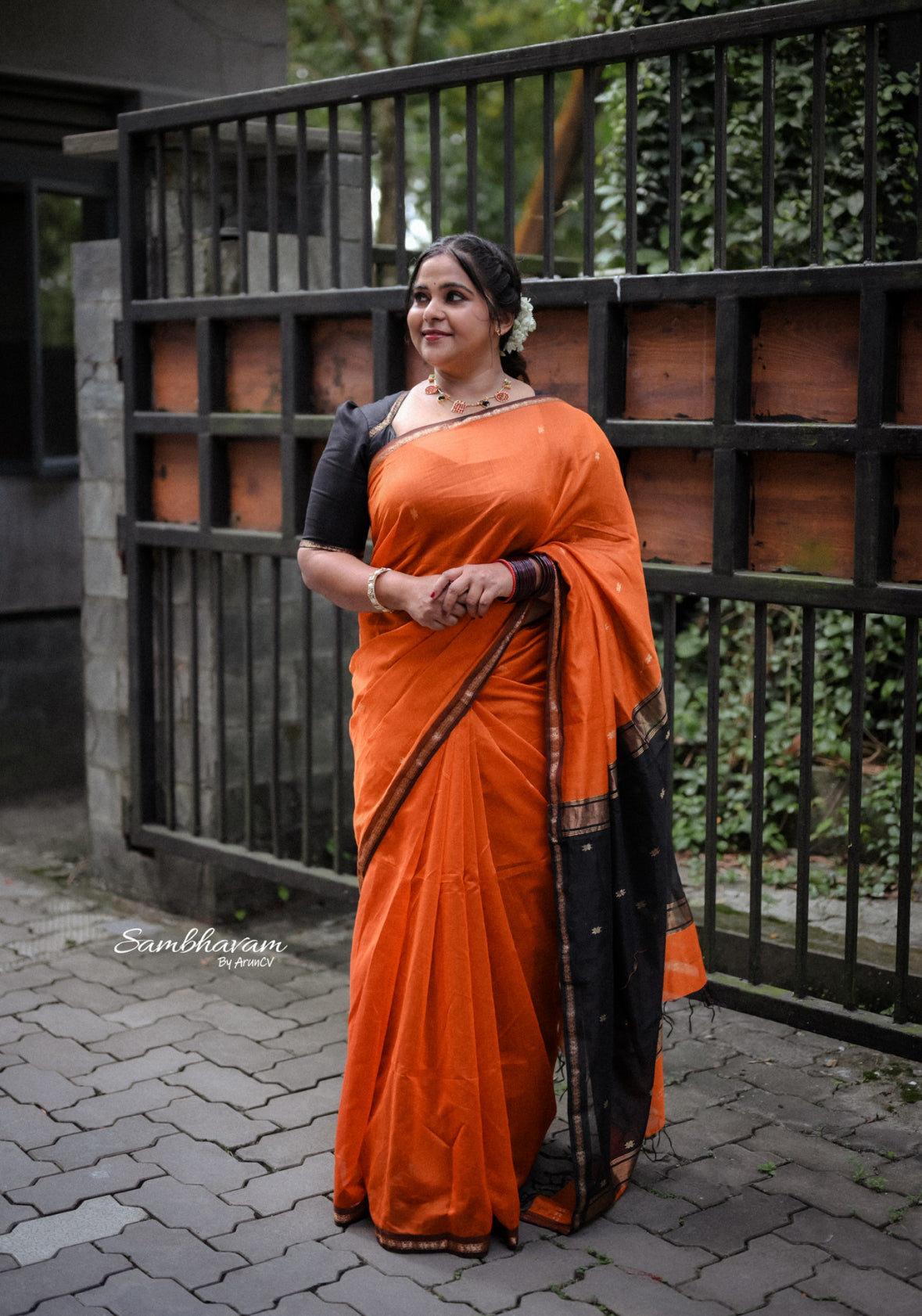 Kalyanika Maheshwari silk saree rust orange black combo Shibla Fara’s choice