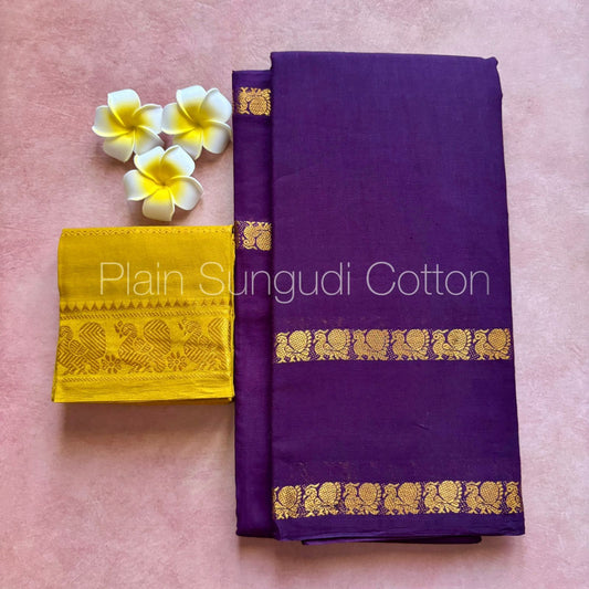 Sungudi cotton retta petta border saree in deep violet mustard combo