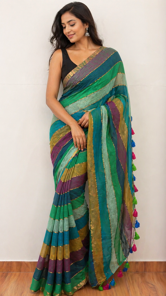 Multicolour soft cotton saree with tassels