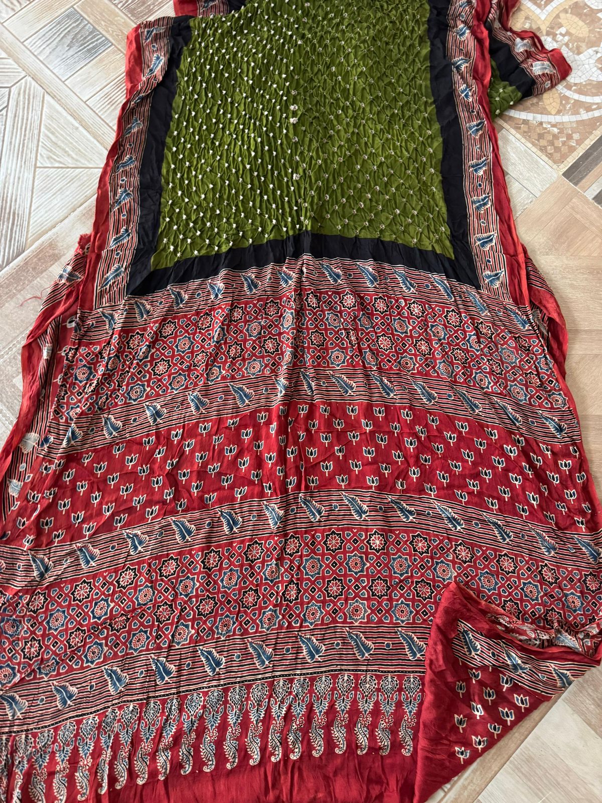Modal silk Ajrakh block printed Hand Bhandej Sarees Green