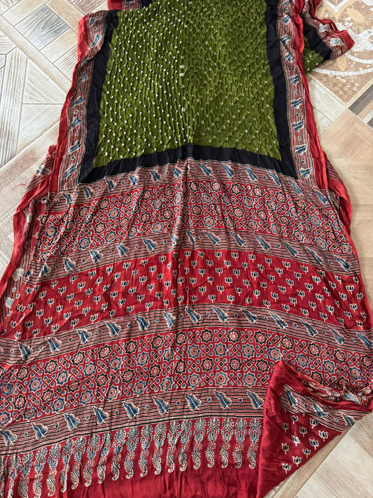 Modal silk Ajrakh block printed Hand Bhandej Sarees Green