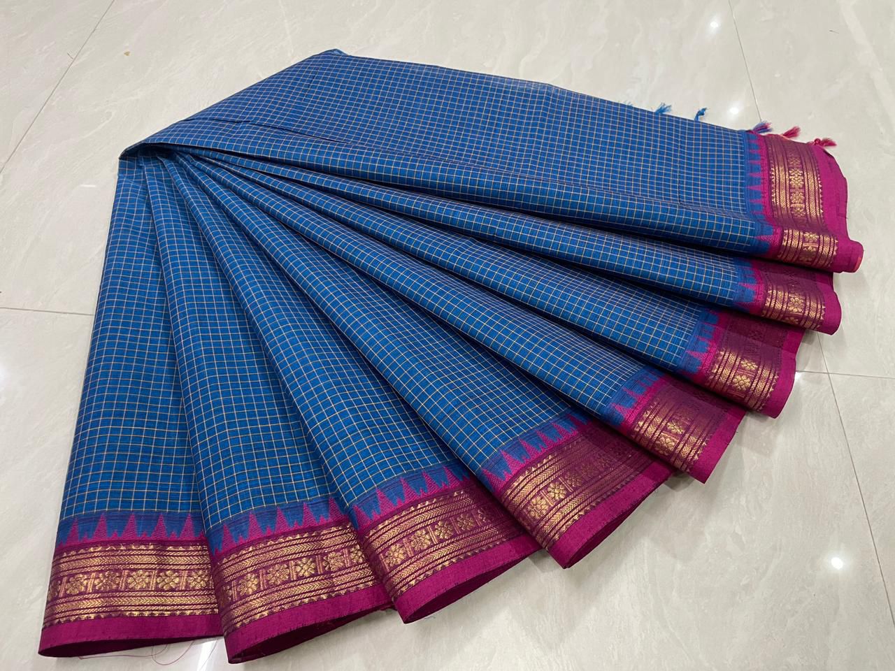 Sangita Vintage Korvai check pure cotton sarees blue