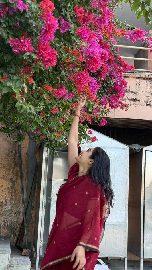 Kalyanika (कल्याणिका) Handloom Maheshwari Silk Cotton Sarees, Maroon  Sithara’s choice