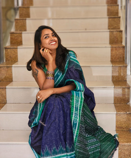 Sambalpuri Odisha handloom cotton Sarees Navy blue and green