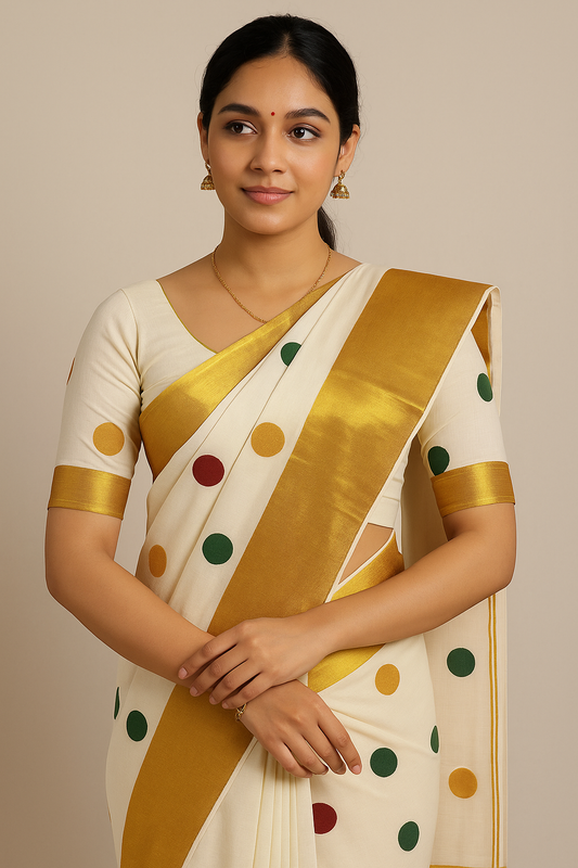 Multi colour polka Dot Kerala kasavu Saree