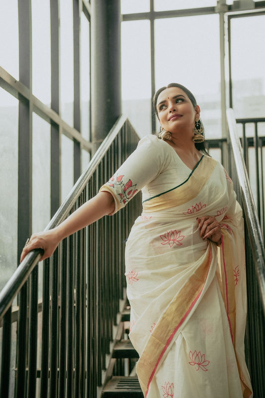 Sarvani Premium Hand block printed Kerala set saree pink lotus( Shwetha menon’s favourite)