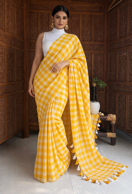 Office wear 120 thread count mal mal yellow check sarees