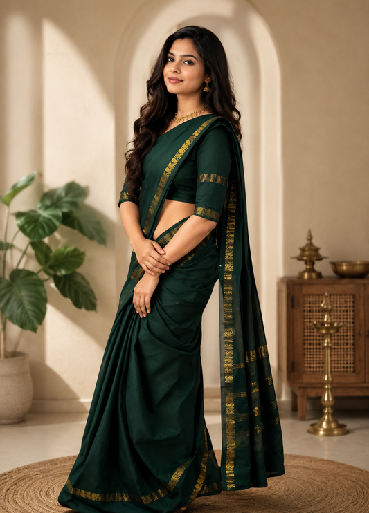 Bottle Green Sungudi retta petta border Saree with same design blouse piece