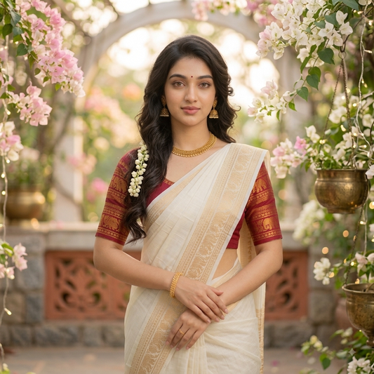 Sungudi handloom cotton Mayuri peacock double border saree with red blouse