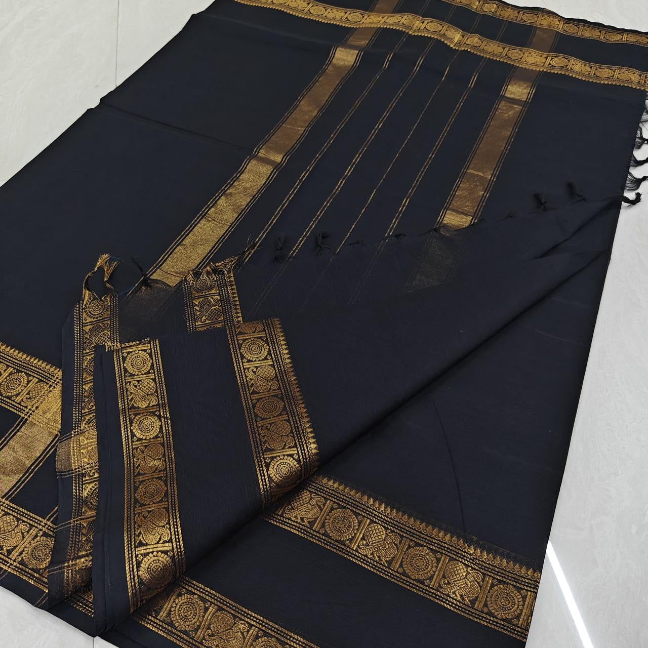 Chettinad Black with gold zari Vintage Cotton Saree