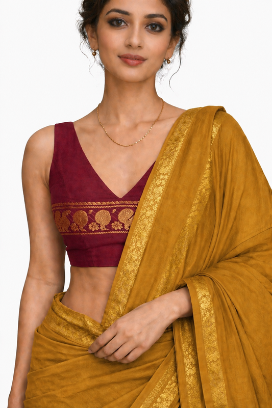 Mustard yellow Sungudi handloom cotton Saree with maroon blouse
