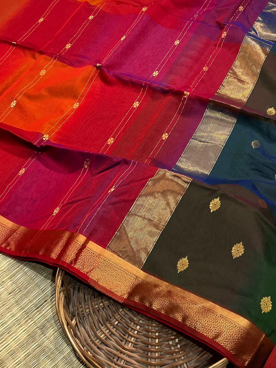 Festive Maheshwari silk cotton Saree with butti lines & butta Pallu