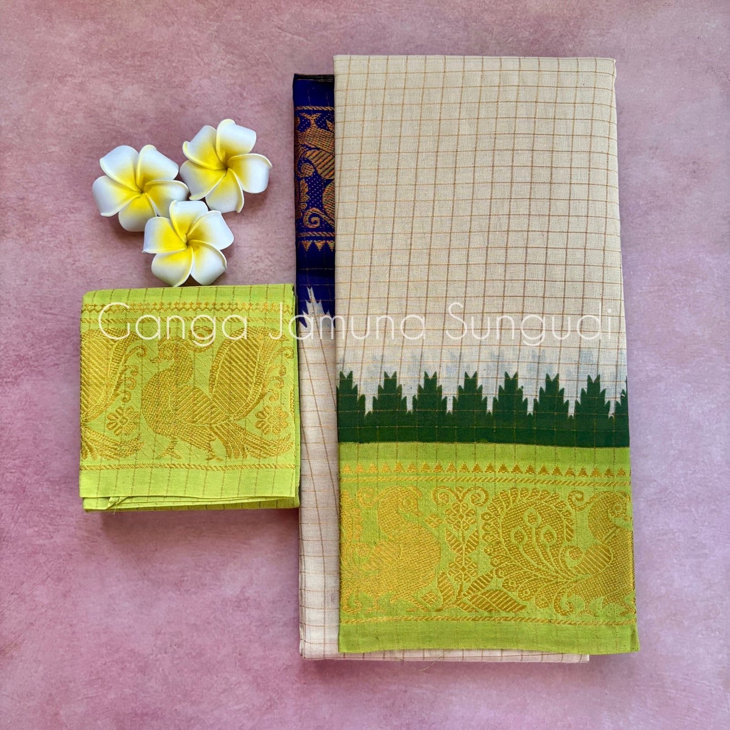 Tarangini Ganga jamuna beige zari kattam sungudi cotton saree violet and green temple borders with blouse piece