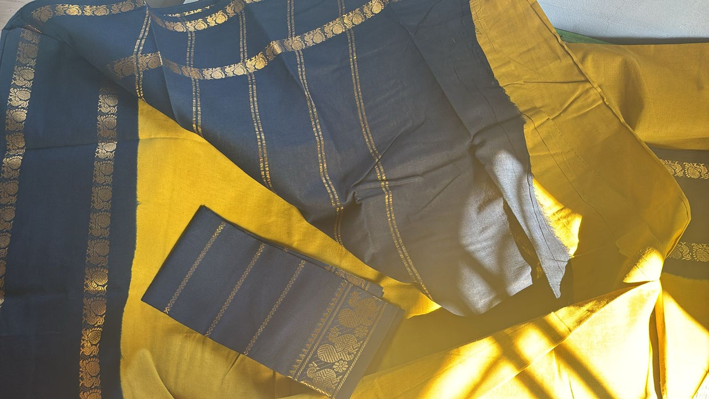 Tarangini Sungudi cotton retta petta saree with contrast Pallu and borders mustard and black