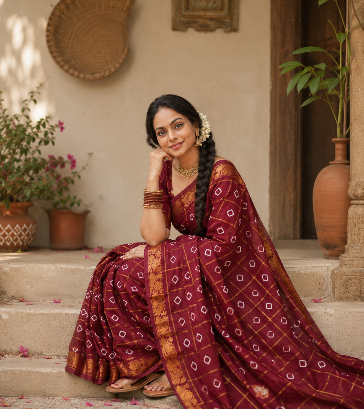 Taarika Maroon bhandani Sungudi Cotton Saree