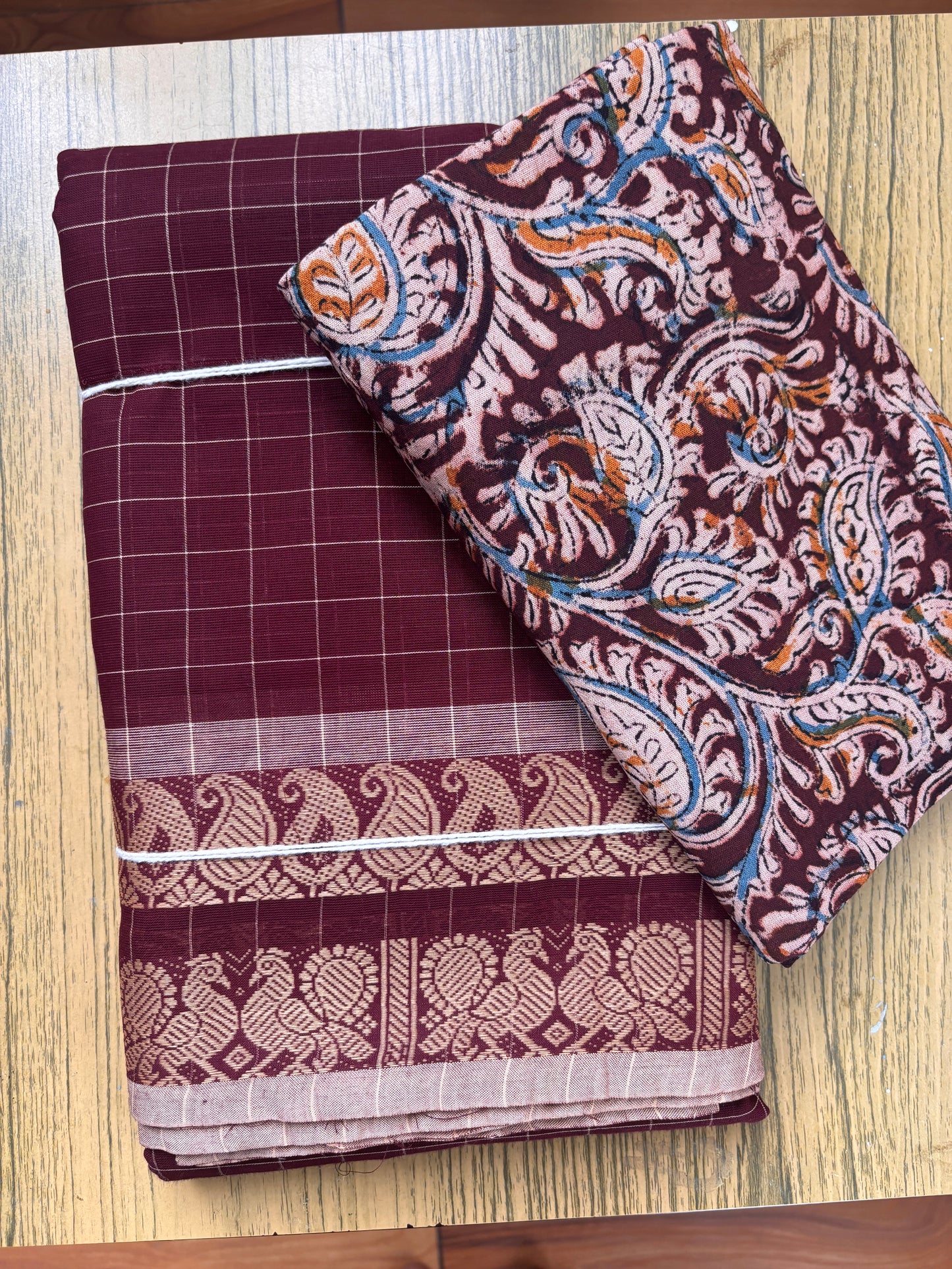 Chettinad Cotton check Sarees with Kalamkari blouse piece