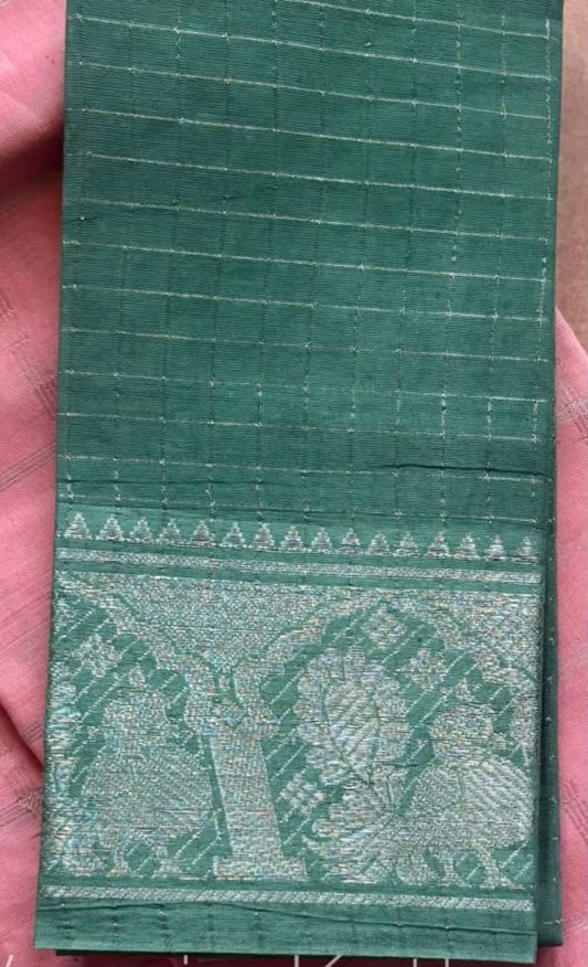 Sungudi handloom cotton silver zari kattam blouse fabric green BLS16