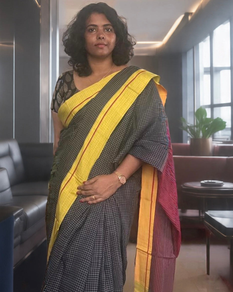 Patteda Aanchu handloom marked Cotton Saree Black and lemon yellow