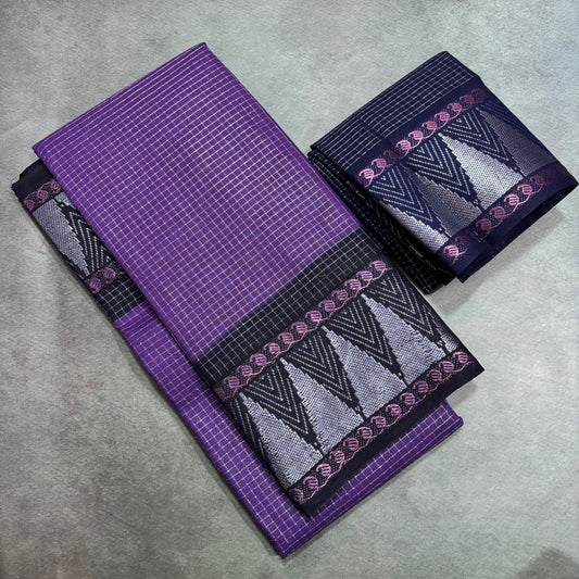 Gopuram border micro check sungudi cotton saree violet body with black border