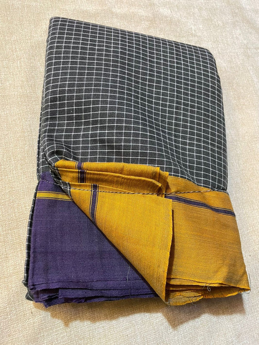 Patteda Aanchu handloom cotton mustard yellow violet border Saree