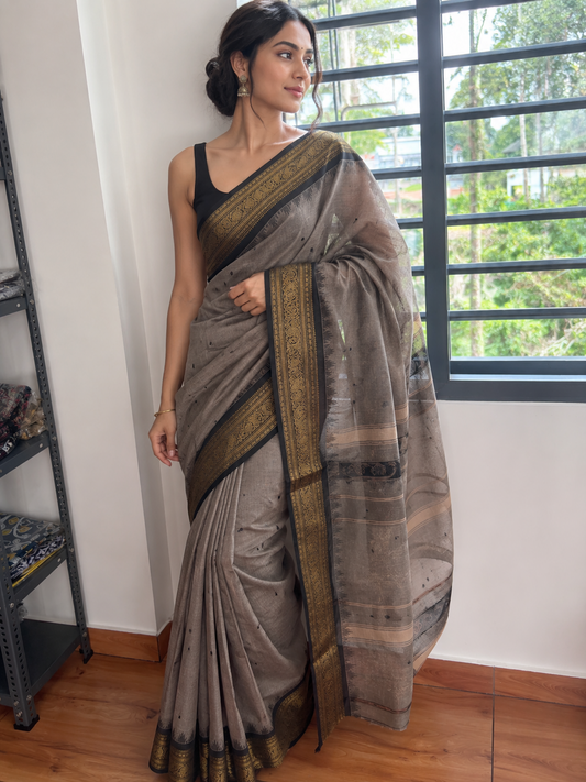 Grey black classic combo vintage Kanchi cotton Saree with buttas