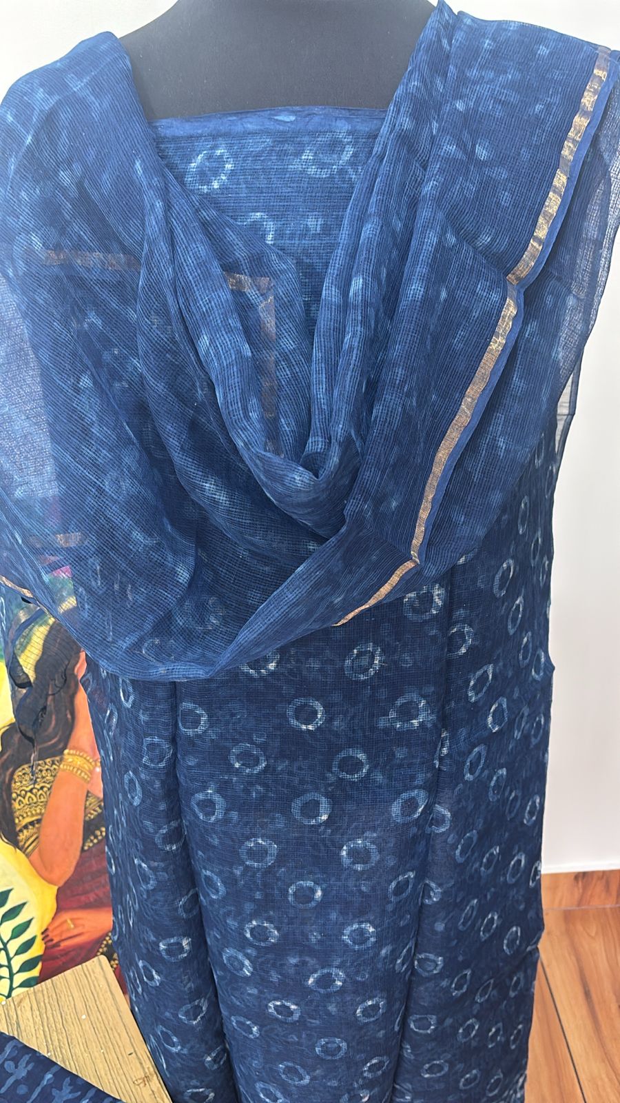 Indigo Hand block printed Kota Doria Suit Sets Unstitched