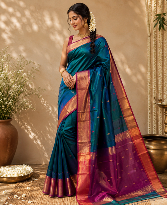 Vintage Maheshwari silk cotton woven butta saree with contrast Pallu and blouse