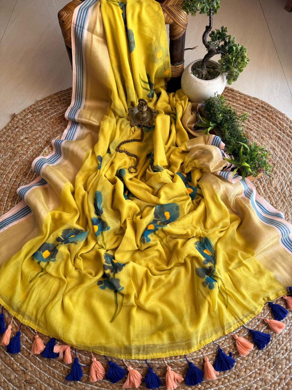 Hand painted handloom Mal cotton Sarees with tassels