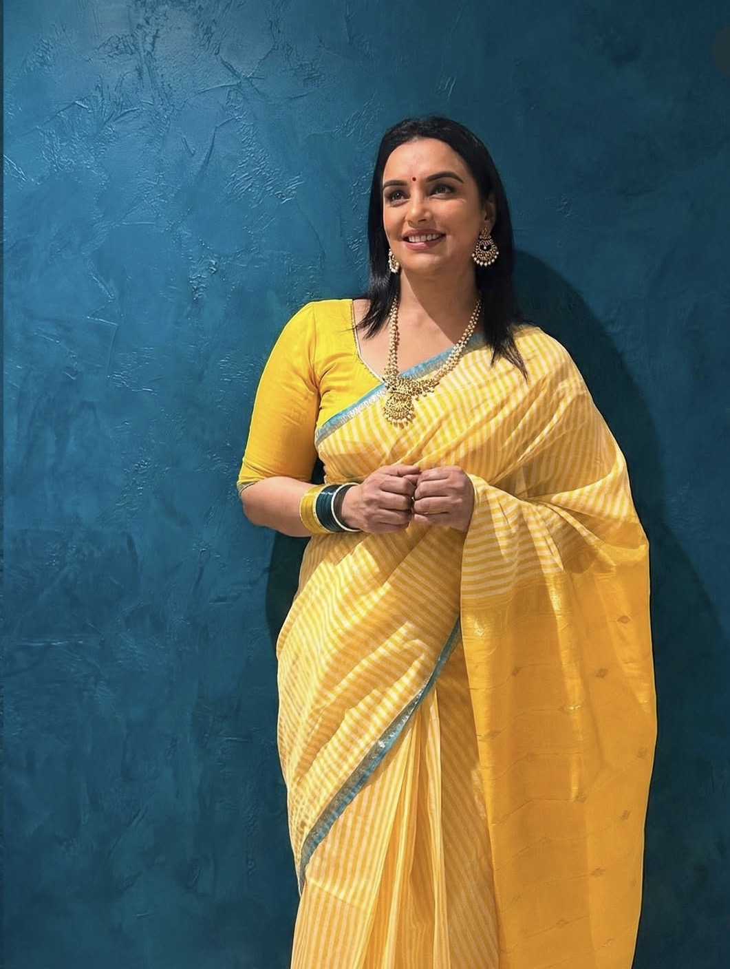 Kalyanika Maheshwari Silk Cotton festive Yellow zari check Sarees Shwetha Menon’s choice