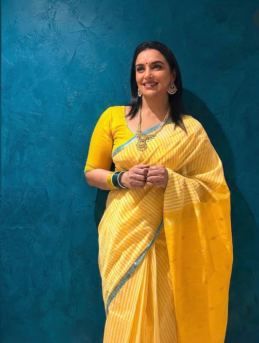 Kalyanika Maheshwari Silk Cotton festive Yellow zari check Sarees Shwetha Menon’s choice