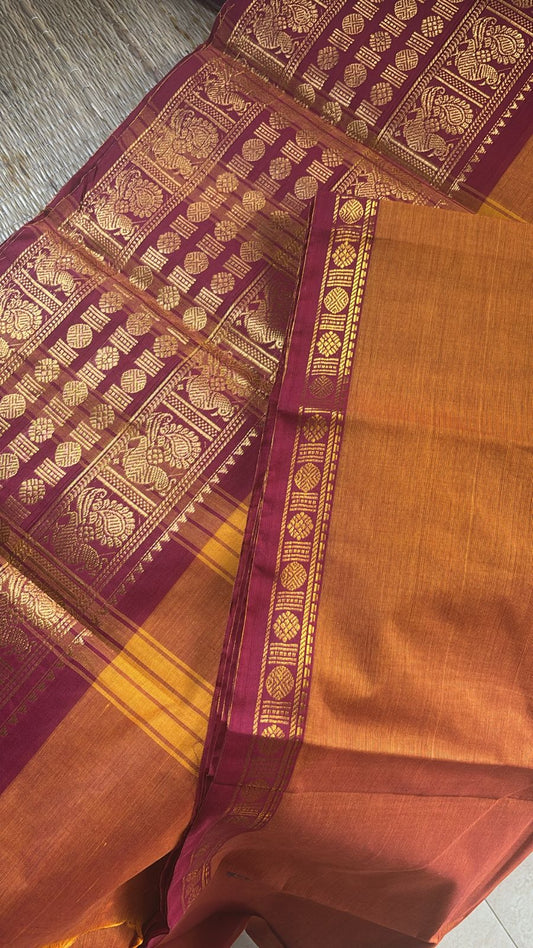 Vintage Maroon Kanchi border Chettinad Cotton Saree