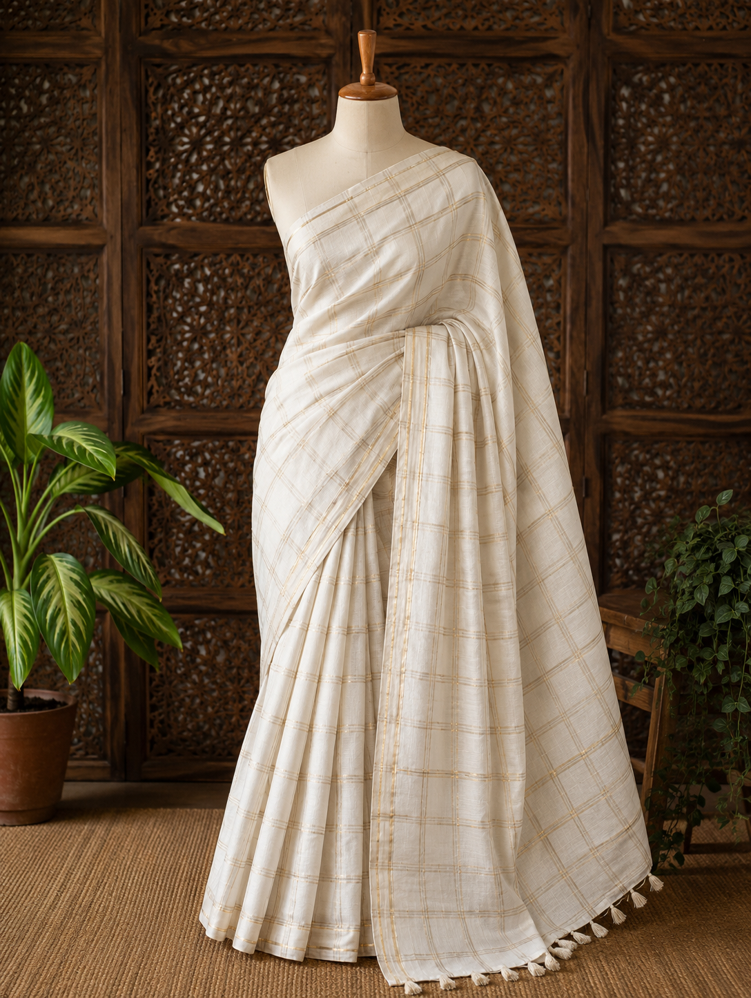 Festive Edit Handloom mul cotton Saree with zari checks