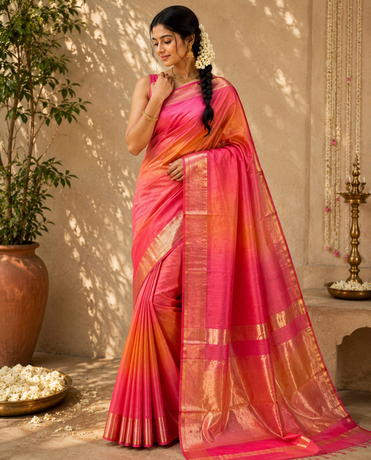 Maheshwari handloom Silk cotton buti line shaded Pallu Saree