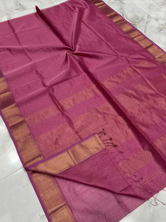 Kalyanika (कल्याणिका) Maheshwari Silk sarees onion pink shade with jari checks