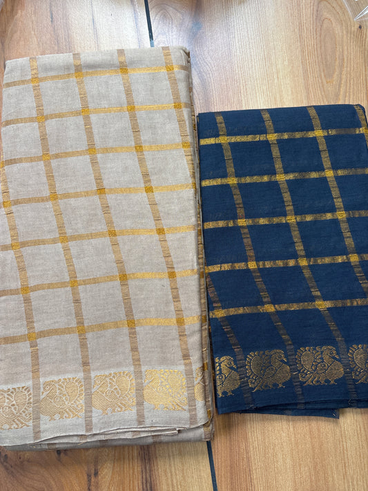 Zari check beige Sungudi handloom Cotton Saree with blue blouse SNS52