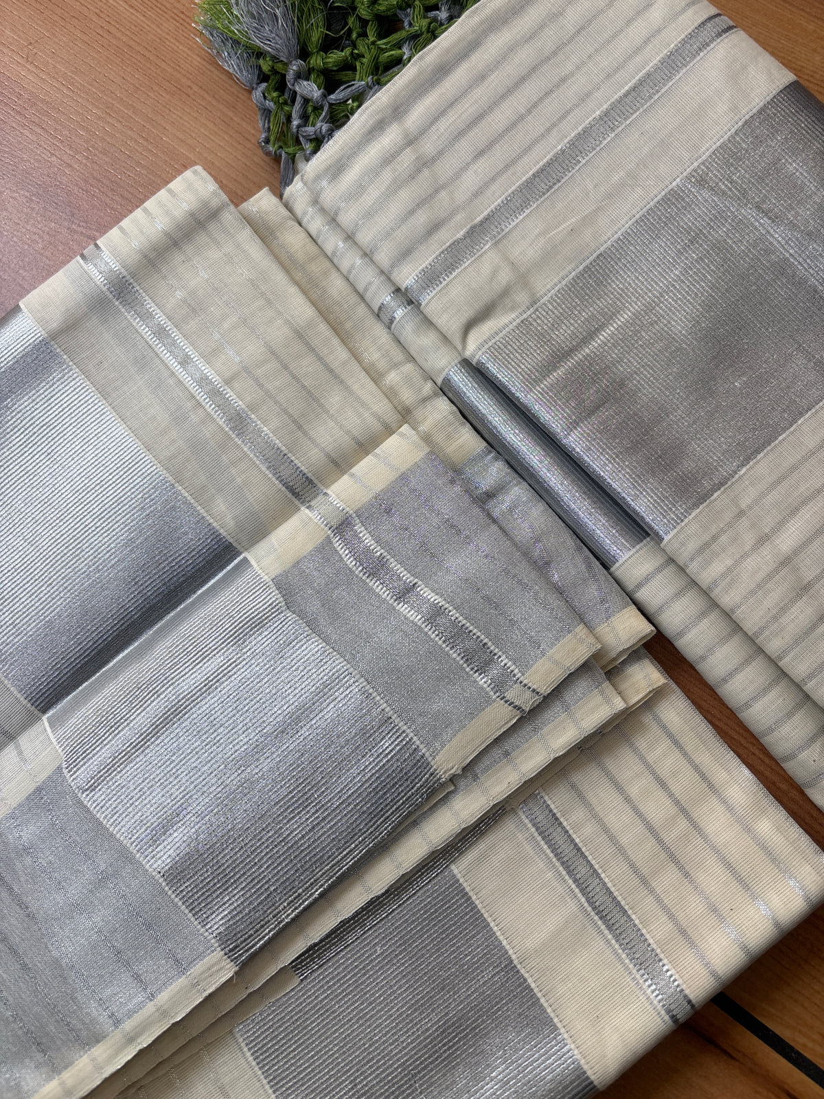 Silver Striped with tassels Cotton Set Mundu SAR70