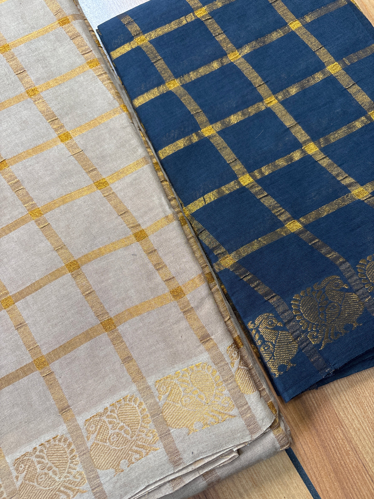 Zari check beige Sungudi handloom Cotton Saree with blue blouse SNS52