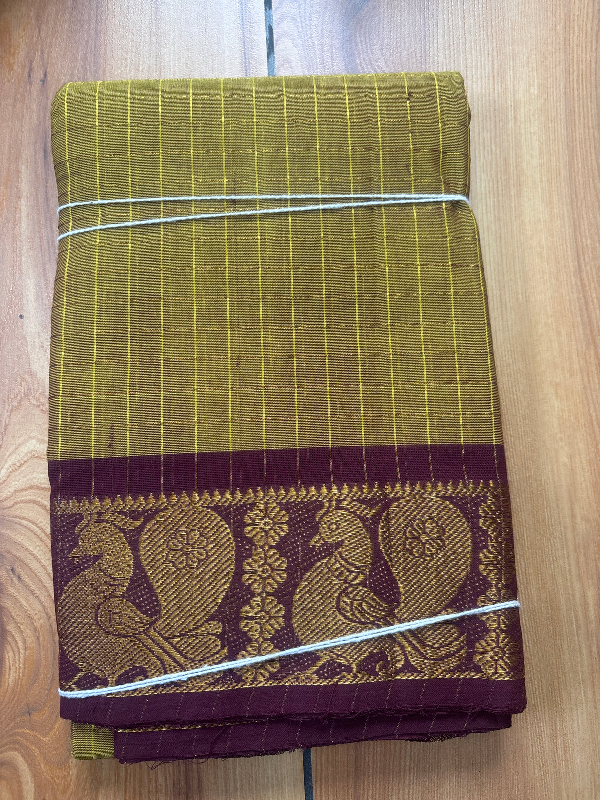 Mustard green maroon Sungudi cotton Saree with peacock border SNS55