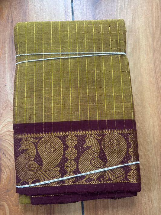 Mustard green maroon Sungudi cotton Saree with peacock border SNS55