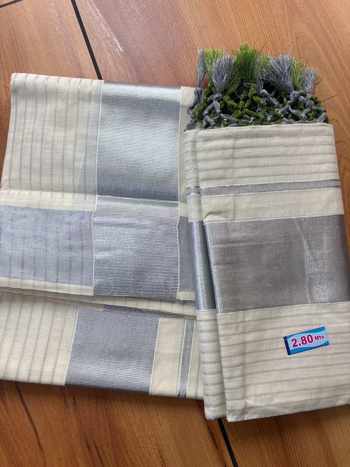 Silver Striped with tassels Cotton Set Mundu SAR70