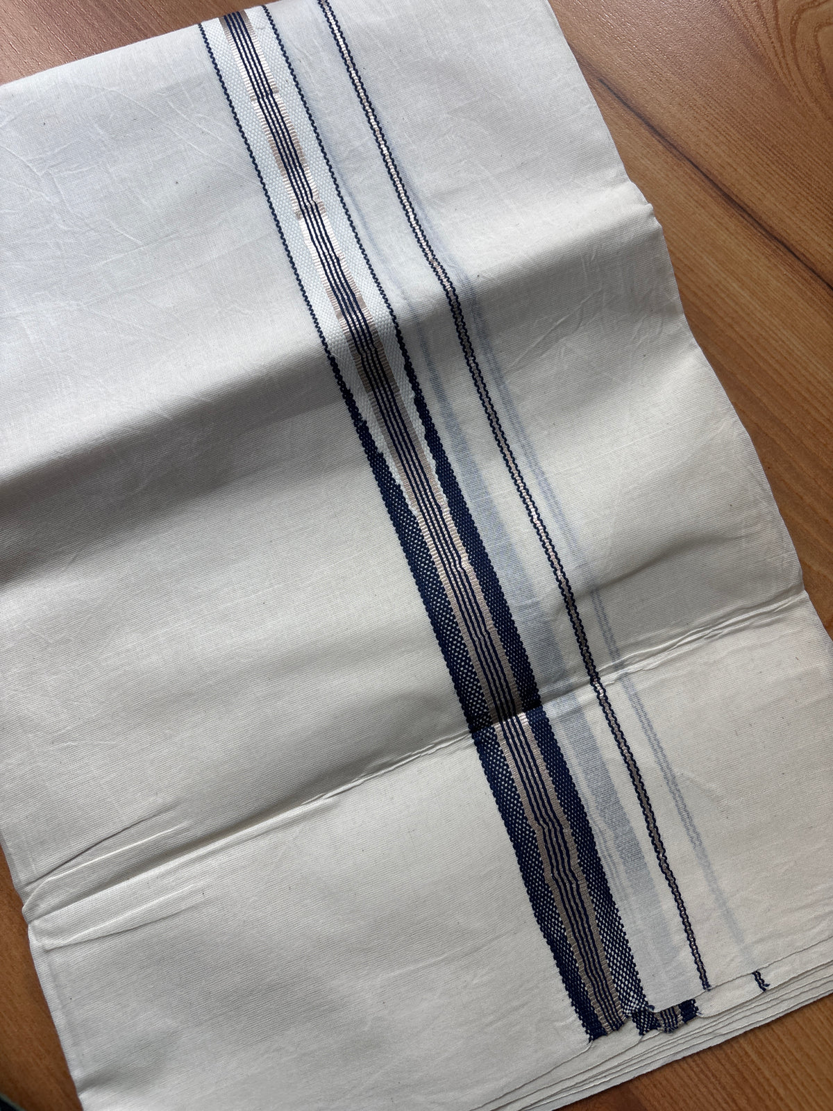 Handloom Chuttikara Gents Double Mundu Bleached white Blue Silver kara SAR68